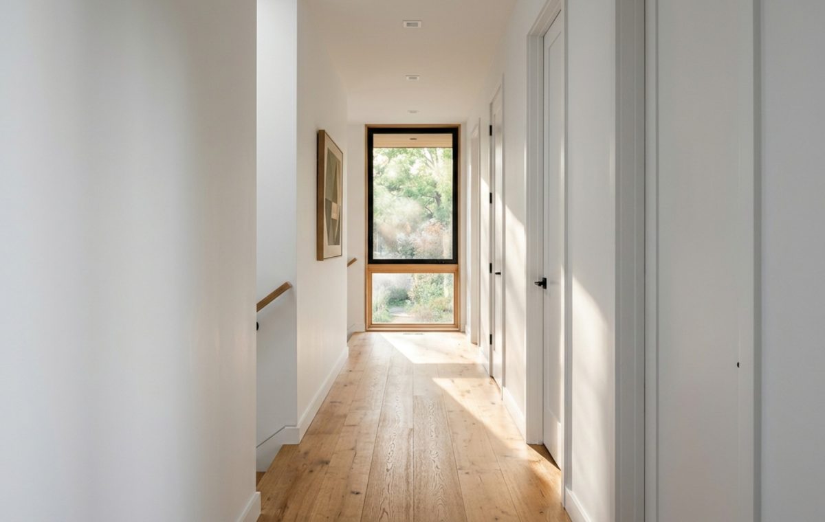 modern house layout ideas featuring a wide 42-inch hallway with white oak flooring and terminal vista natural light