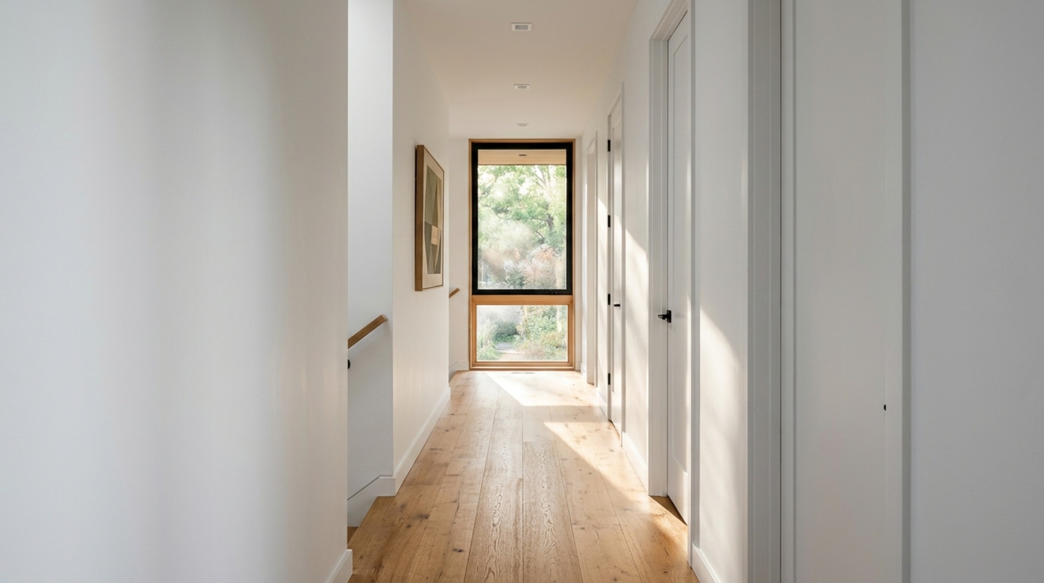 modern house layout ideas featuring a wide 42-inch hallway with white oak flooring and terminal vista natural light modern house layout ideas featuring a wide 42-inch hallway with white oak flooring and terminal vista natural light