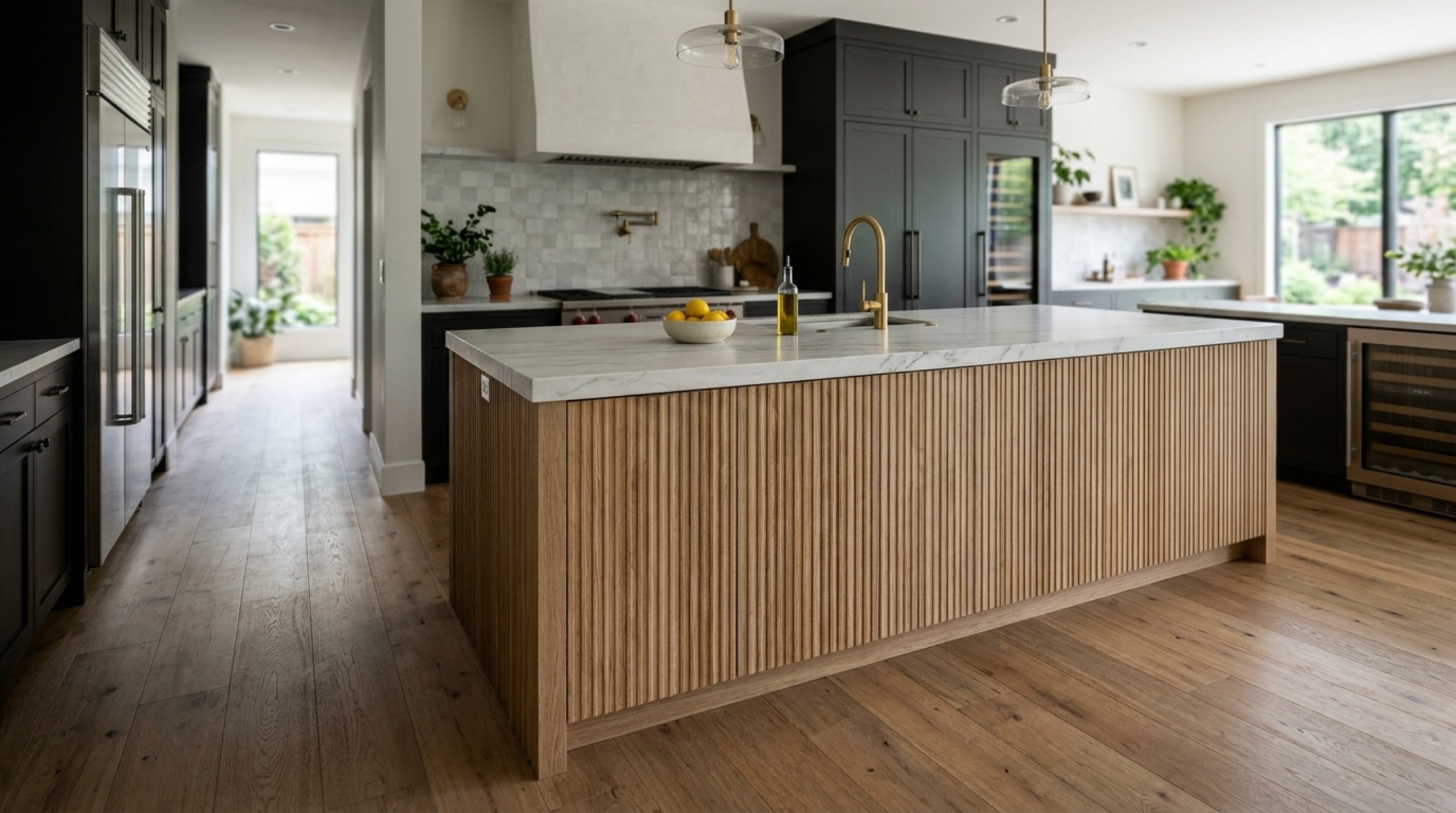 contemporary home design inspiration showing a kitchen island with 48-inch clearances and fluted cabinetry details contemporary home design inspiration showing a kitchen island with 48-inch clearances and fluted cabinetry details