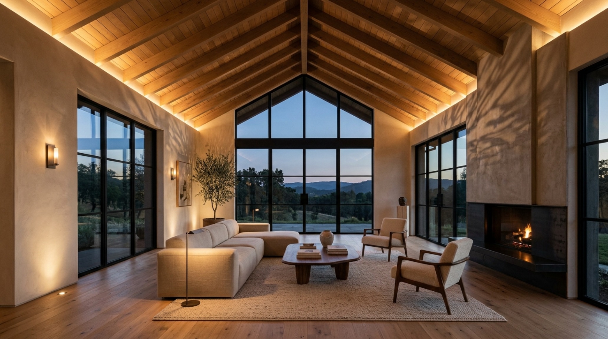 high-end residential architecture showcasing layered 2700K lighting in a vaulted ceiling living room high-end residential architecture showcasing layered 2700K lighting in a vaulted ceiling living room