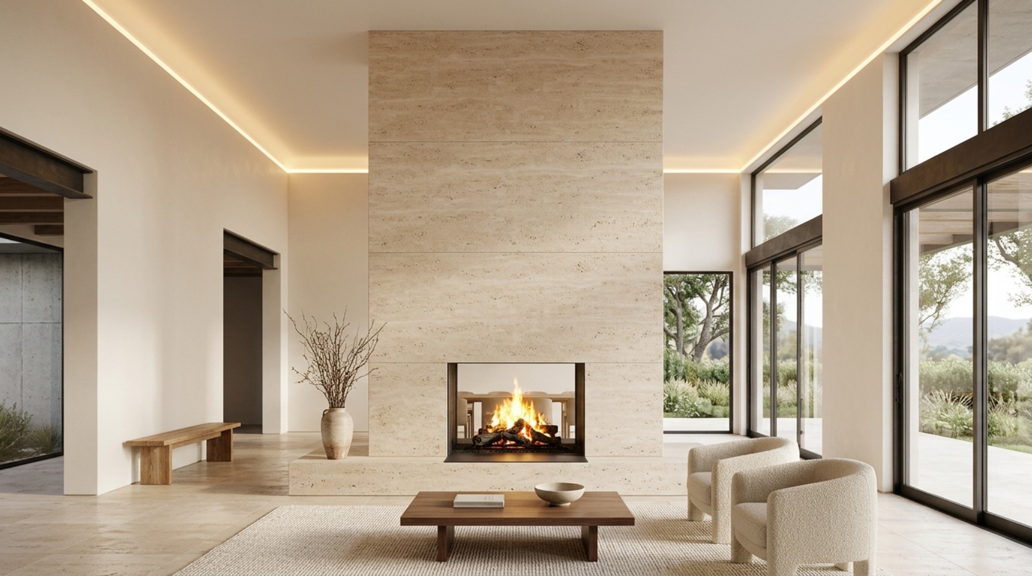 high-end residential architecture featuring a monolithic travertine fireplace and 12-foot ceilings high-end residential architecture featuring a monolithic travertine fireplace and 12-foot ceilings