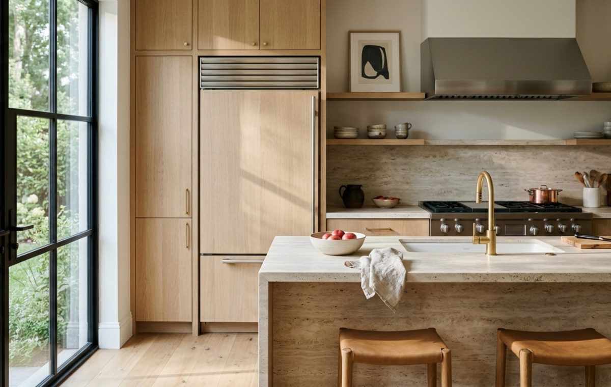 professional home design free interface visualizing a high-end kitchen with a sub-zero refrigerator and rift-sawn white oak cabinetry arranged in a perfect work triangle