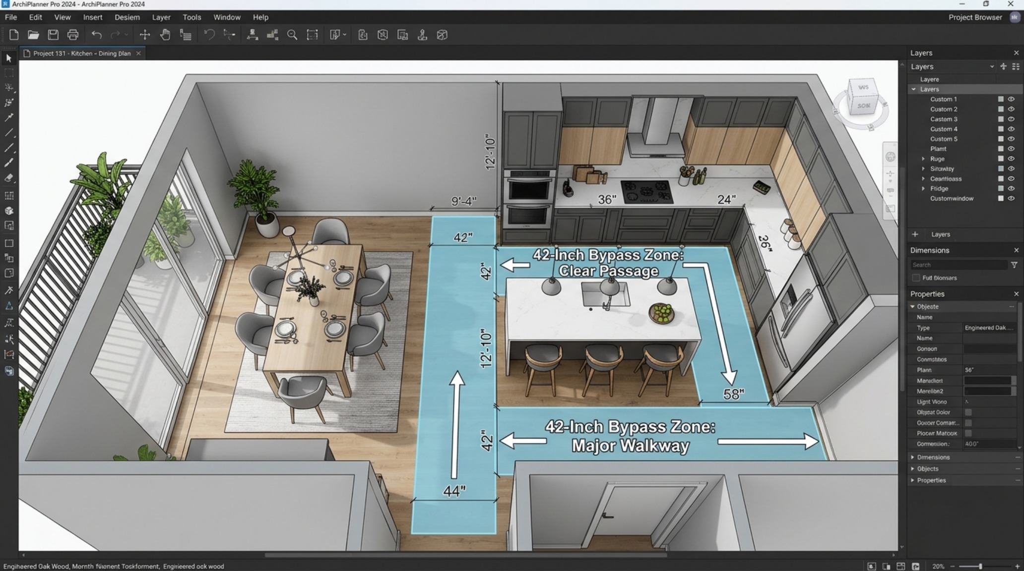 browser-based home design floor plan view highlighting the 42-inch clearance between a kitchen island and peripheral cabinetry browser-based home design floor plan view highlighting the 42-inch clearance between a kitchen island and peripheral cabinetry