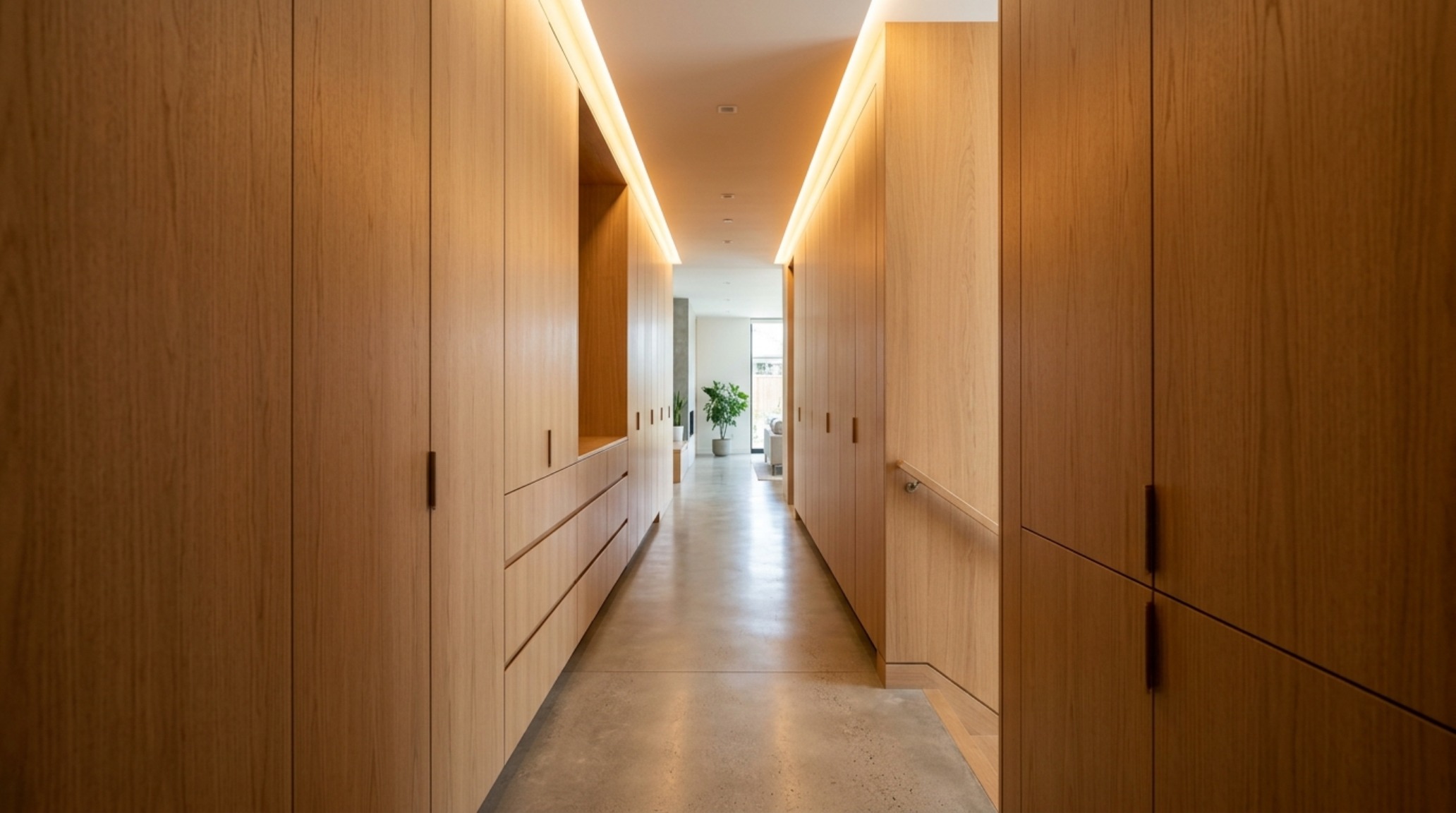 browser-based home design simulation of a narrow hallway with integrated floor-to-ceiling storage and architectural cove lighting at 2700K browser-based home design simulation of a narrow hallway with integrated floor-to-ceiling storage and architectural cove lighting at 2700K
