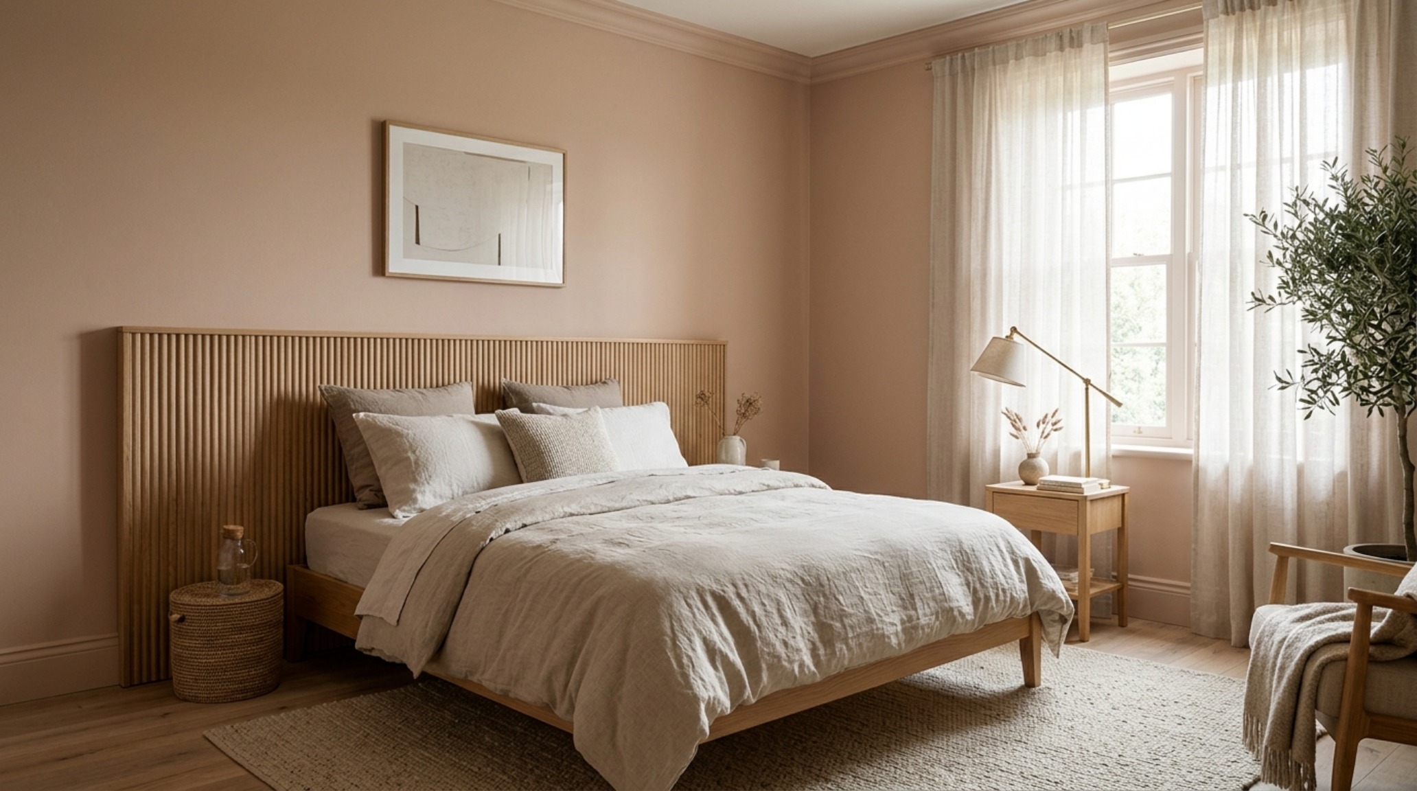 house layout visualizer depicting a master bedroom with Farrow & Ball Setting Plaster walls and fluted wood headboard detail house layout visualizer depicting a master bedroom with Farrow & Ball Setting Plaster walls and fluted wood headboard detail