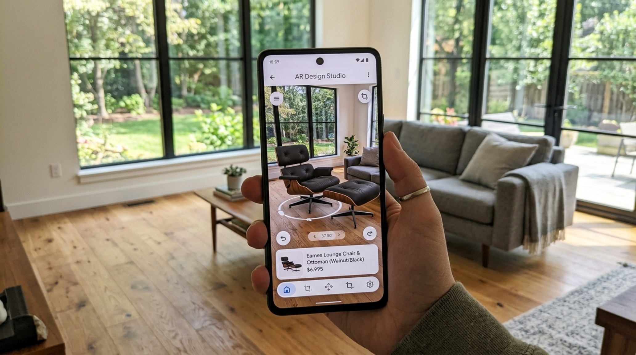 AR interior design apps demonstration showing a virtual mid-century modern dining set placed in a real-world sun-drenched breakfast nook AR interior design apps demonstration showing a virtual mid-century modern dining set placed in a real-world sun-drenched breakfast nook
