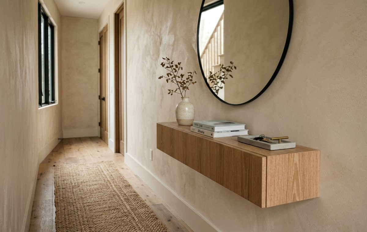 A sleek narrow entryway featuring a floating white oak console, a large circular mirror, and warm 2700K lighting on limewash walls, illustrating modern narrow entryway ideas.