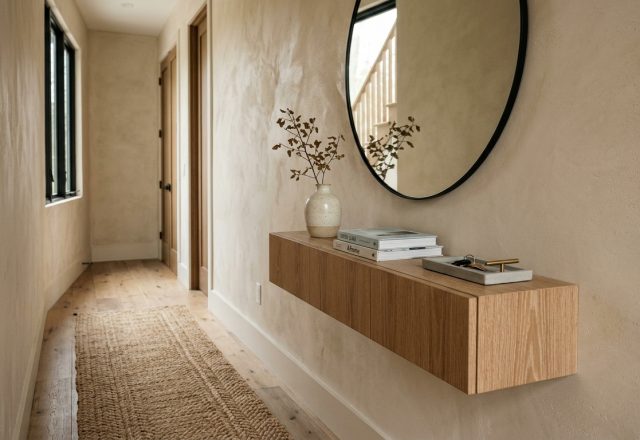 A sleek narrow entryway featuring a floating white oak console, a large circular mirror, and warm 2700K lighting on limewash walls, illustrating modern narrow entryway ideas.