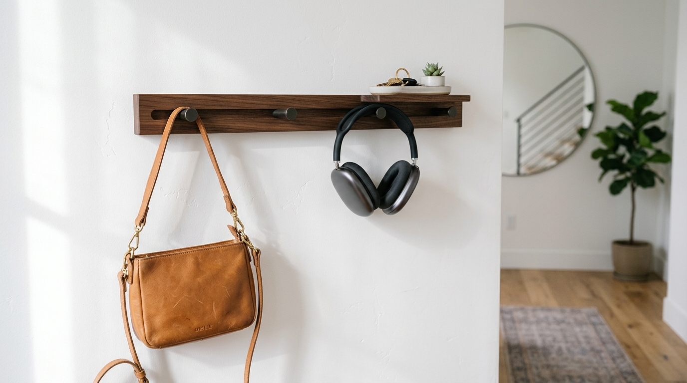 Artistic perspective of a wall-mounted entryway organizer in blackened steel, styled with minimalist ceramics and dried botanicals.