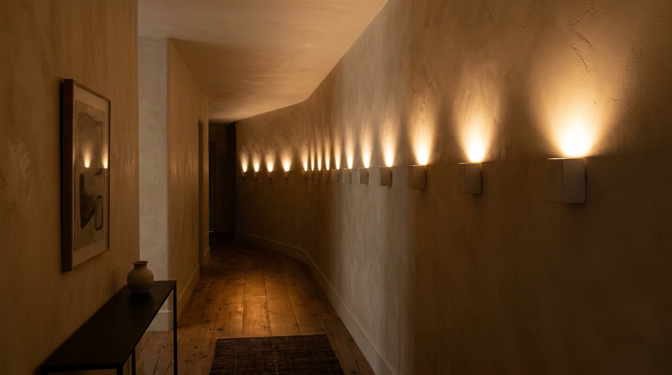 A high-CRI lighting setup in a narrow foyer, showing the true colors of a Farrow & Ball Setting Plaster wall and a curated art piece.