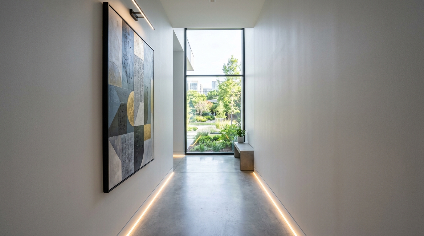 Entryway layout featuring a bespoke floating shelf and integrated LED strip lighting along the floor line for a futuristic touch.