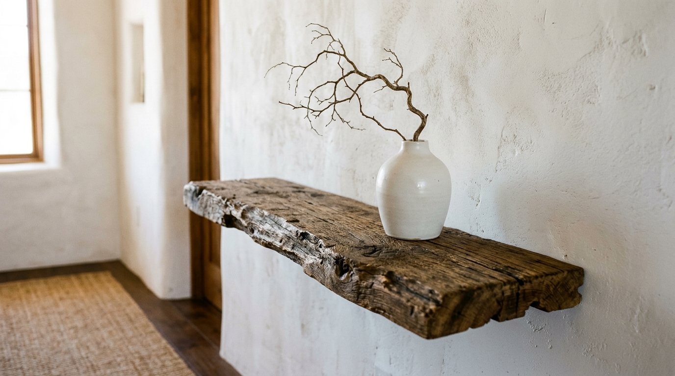 Sophisticated hallway furniture in a narrow urban loft, combining a slim console with an oversized piece of abstract art for visual impact.