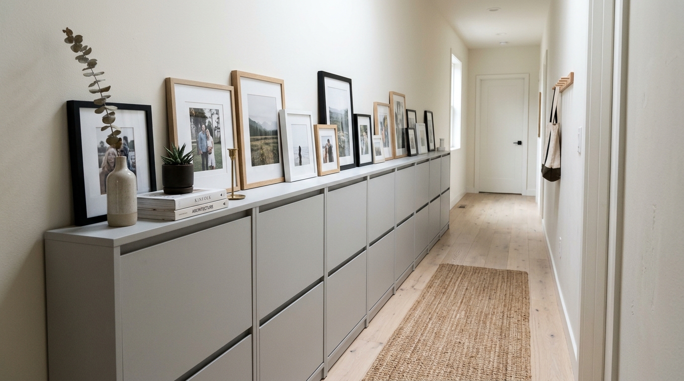 Design-forward slim shoe storage solutions in a matte charcoal finish, providing a striking contrast in a white-walled entryway.