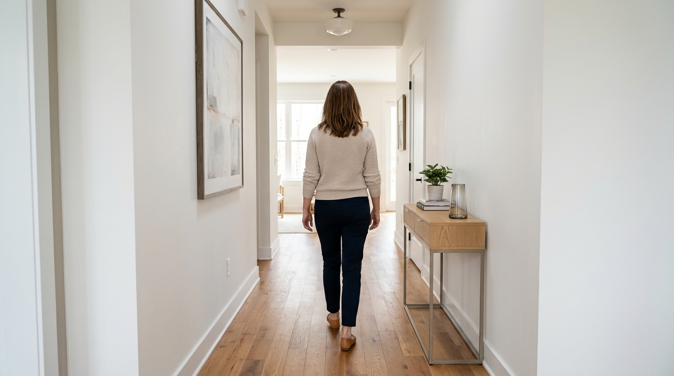 Perspective of a 42-inch wide hallway optimized for flow with a shallow console and a minimalist hallway decor scheme.