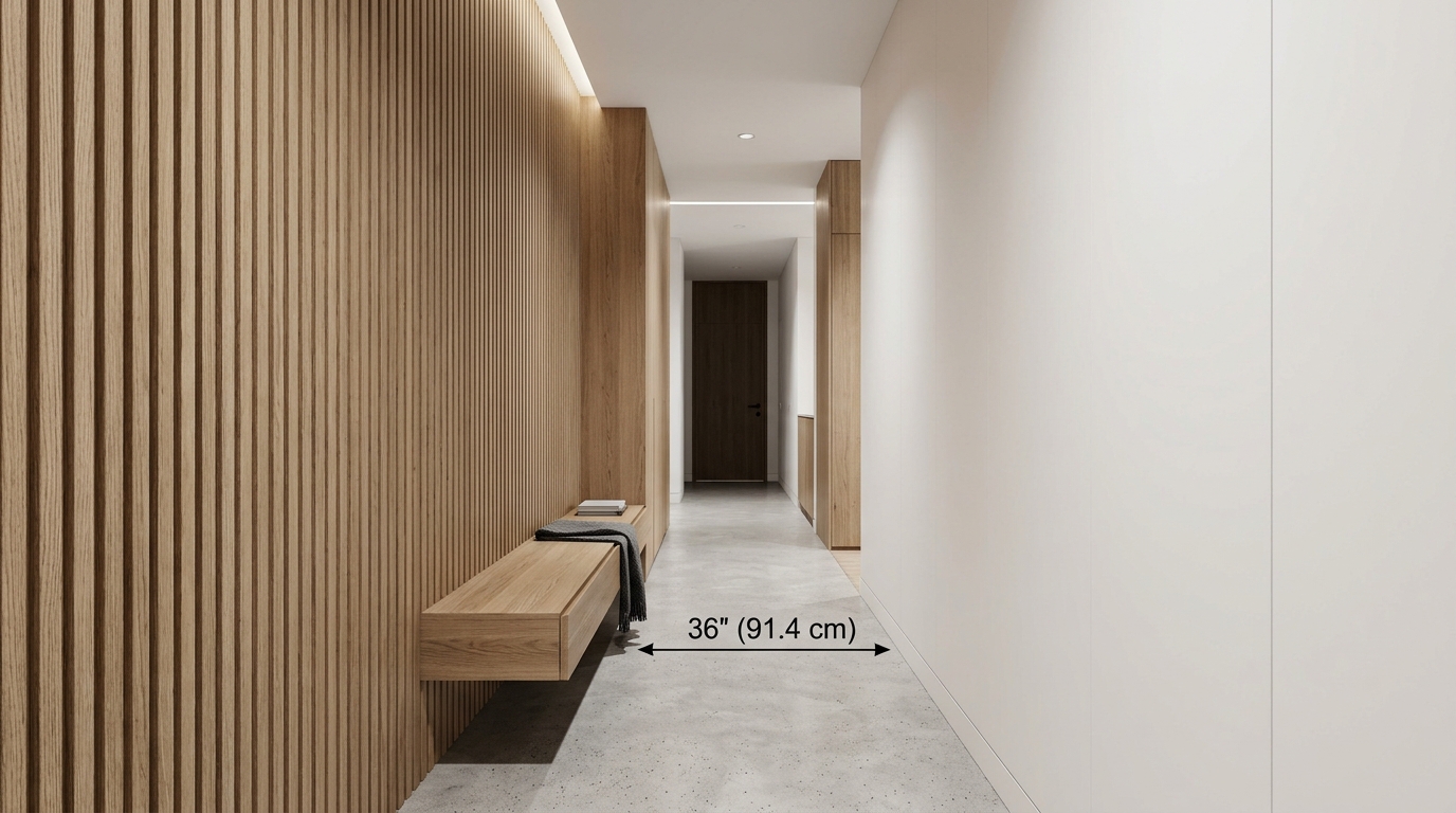 Architectural view of a compact hallway with a 36-inch clearance, showcasing a vertical fluted wall panel and a minimalist entryway layout for maximum flow.