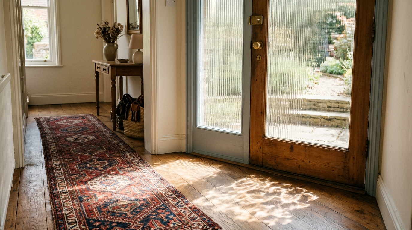 Atmospheric detail of a reed-glass front door letting in diffused morning light onto a textured hallway runner rug.