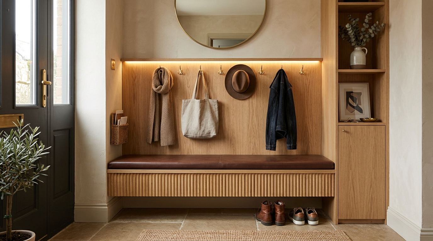 Small foyer design featuring a built-in floating bench with a fluted wood detail and a soft wool cushion for tactile grounding.