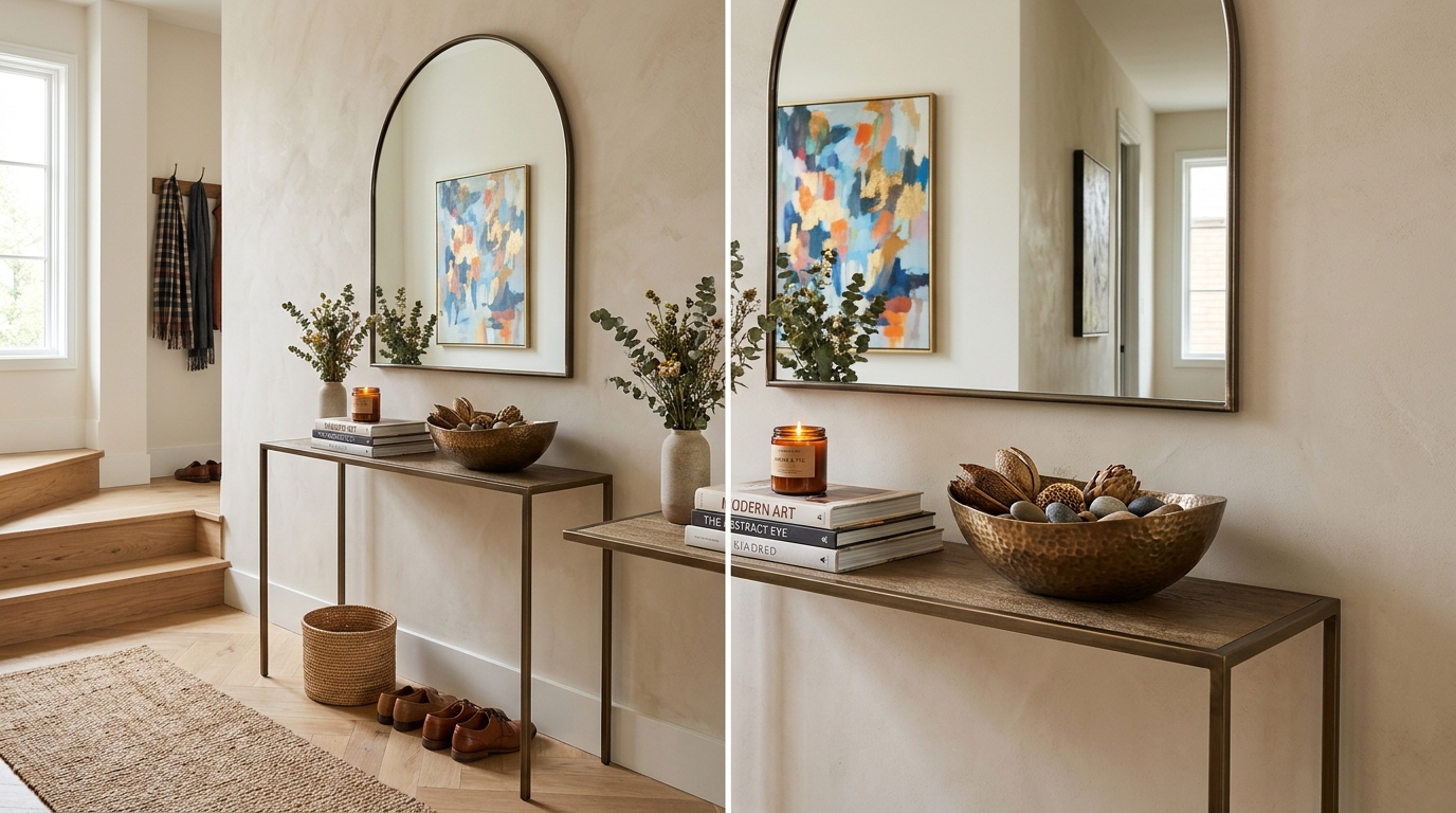 Editorial capture of a slim console table styled with a single sculptural vase and a mirror, typical of high-design narrow entryway ideas.