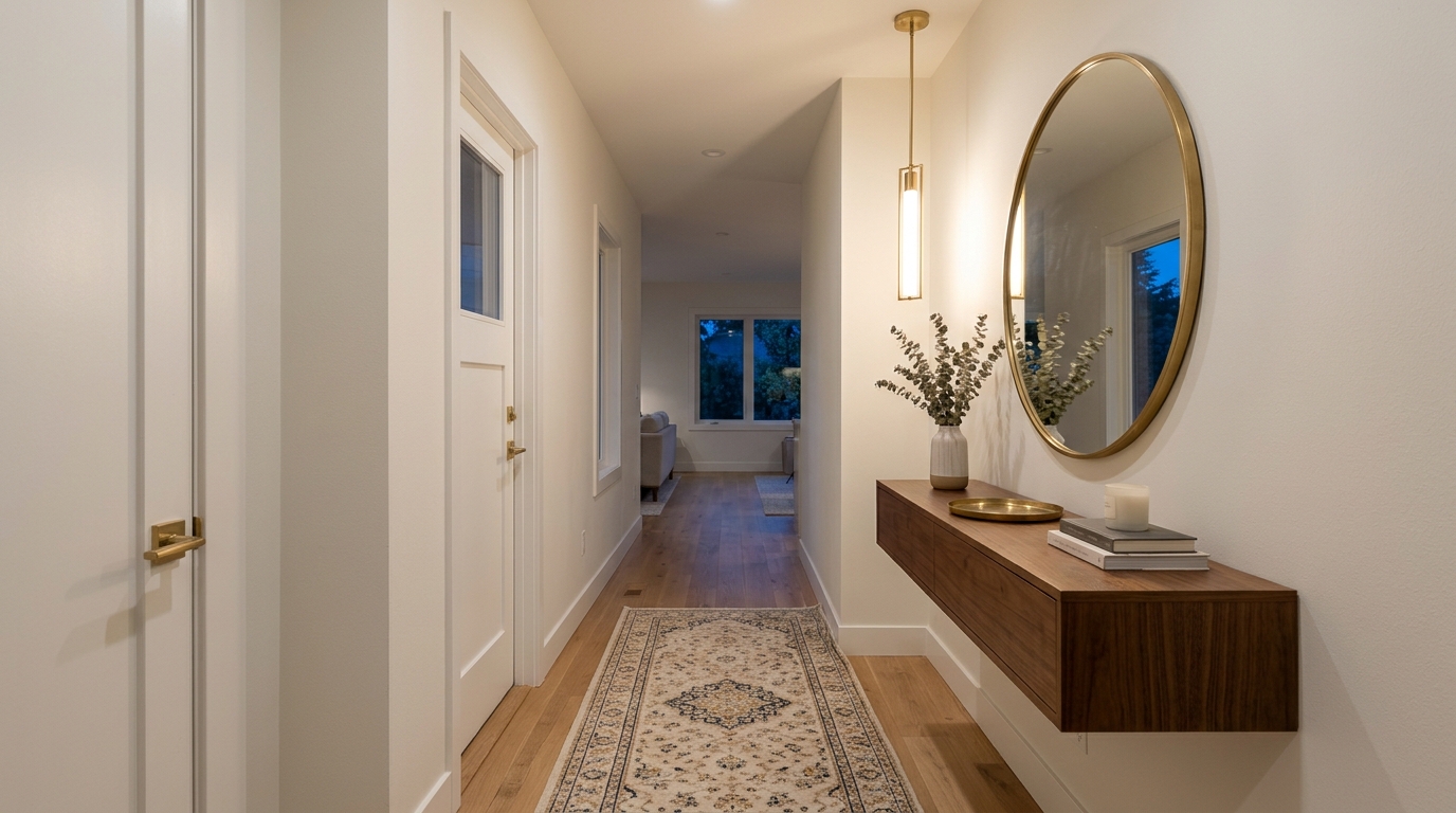 A final architectural reflection of a well-designed entryway layout that balances utility and aesthetic through concealed storage.
