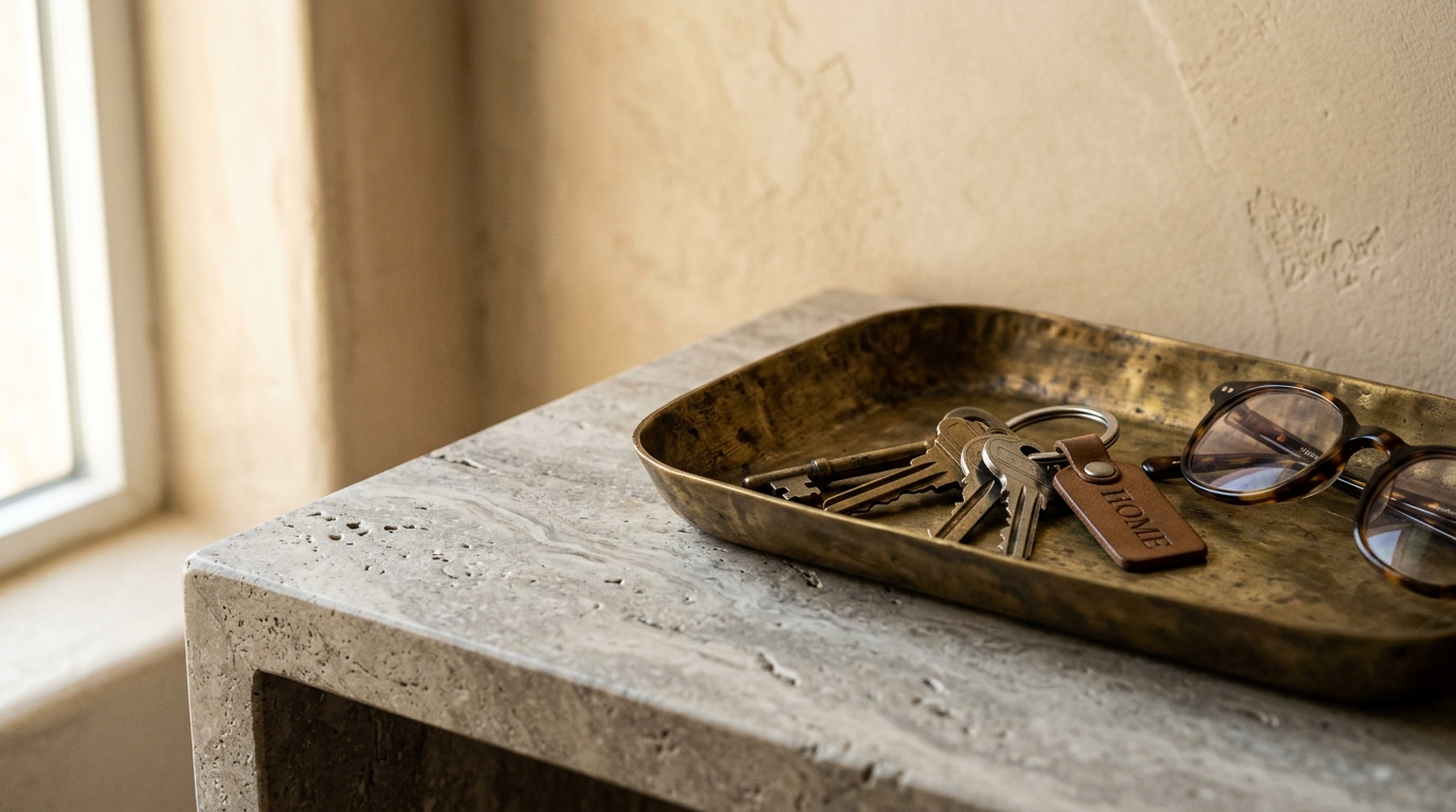 Detail shot of a honed travertine console surface paired with a leather catch-all tray and aged brass hooks, highlighting tactile materials in a small foyer design.