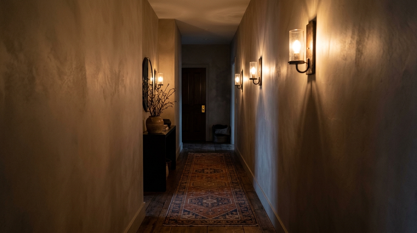 Low-light capture of a narrow hallway with 2700K warm ambient sconces casting soft shadows, emphasizing atmospheric narrow foyer lighting fixtures.