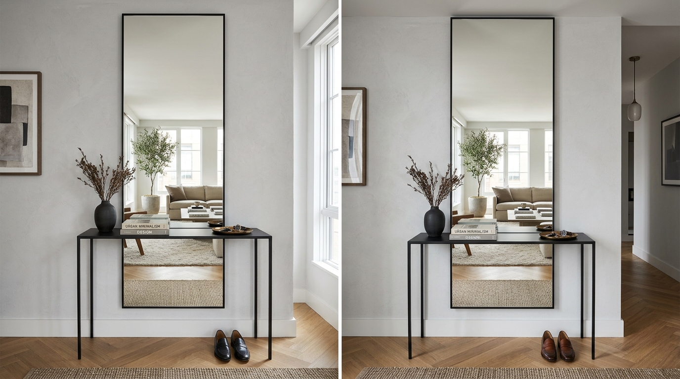 A small entryway console table with mirror reflecting natural light from a nearby window, creating an airy feel in a tight corridor.