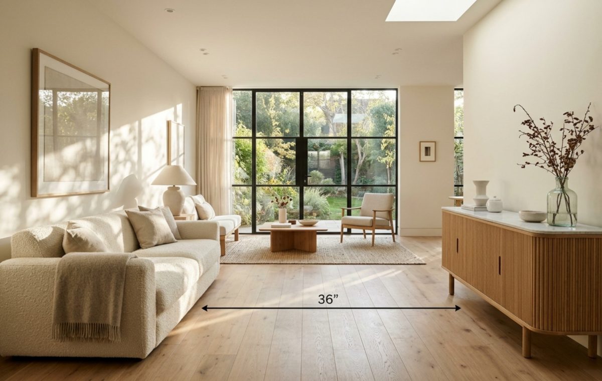 Architectural spatial flow in a sun-drenched living room showcasing a 36-inch primary walkway between a bouclé sofa and a fluted white oak console table.