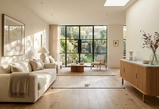 Architectural spatial flow in a sun-drenched living room showcasing a 36-inch primary walkway between a bouclé sofa and a fluted white oak console table.