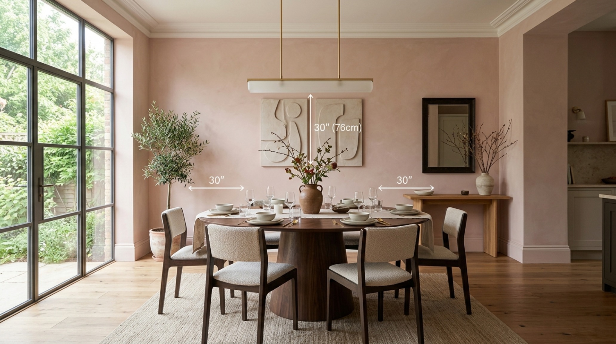 Furniture clearance standards applied in a dining area with 30 inches of chair pull-out space against walls painted in Farrow & Ball Setting Plaster.