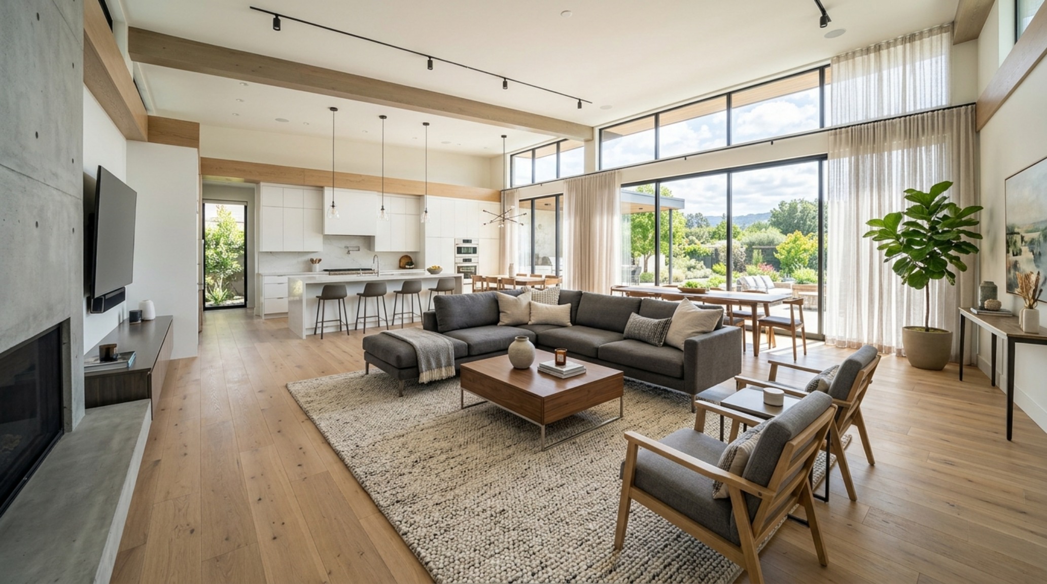Open concept floor planning using a low-profile sectional and a large area rug to zone the lounging area while maintaining sightlines toward the terrace.