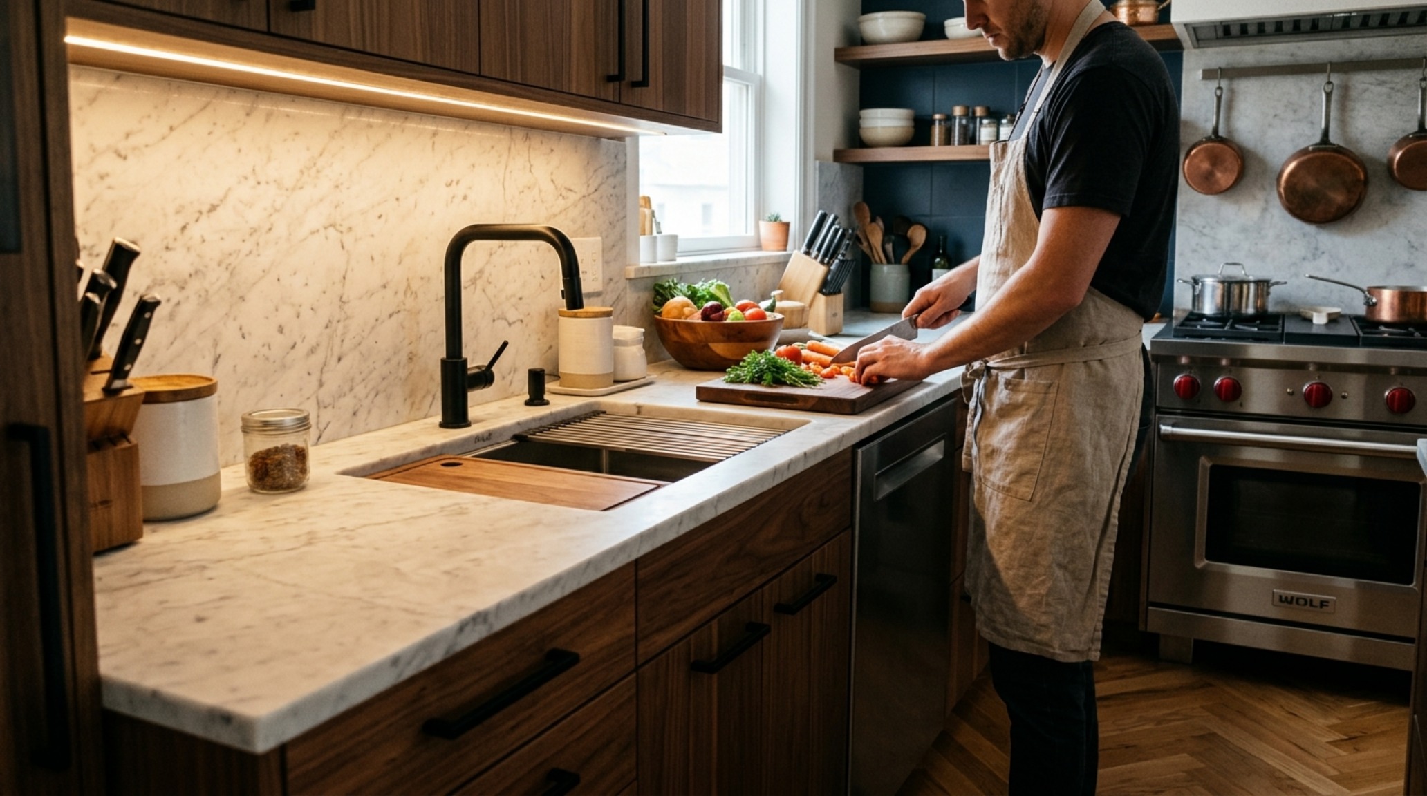 Small space ergonomic design in a compact modern kitchen featuring a deep single-basin sink and 18-inch height between honed marble counters and upper cabinetry.
