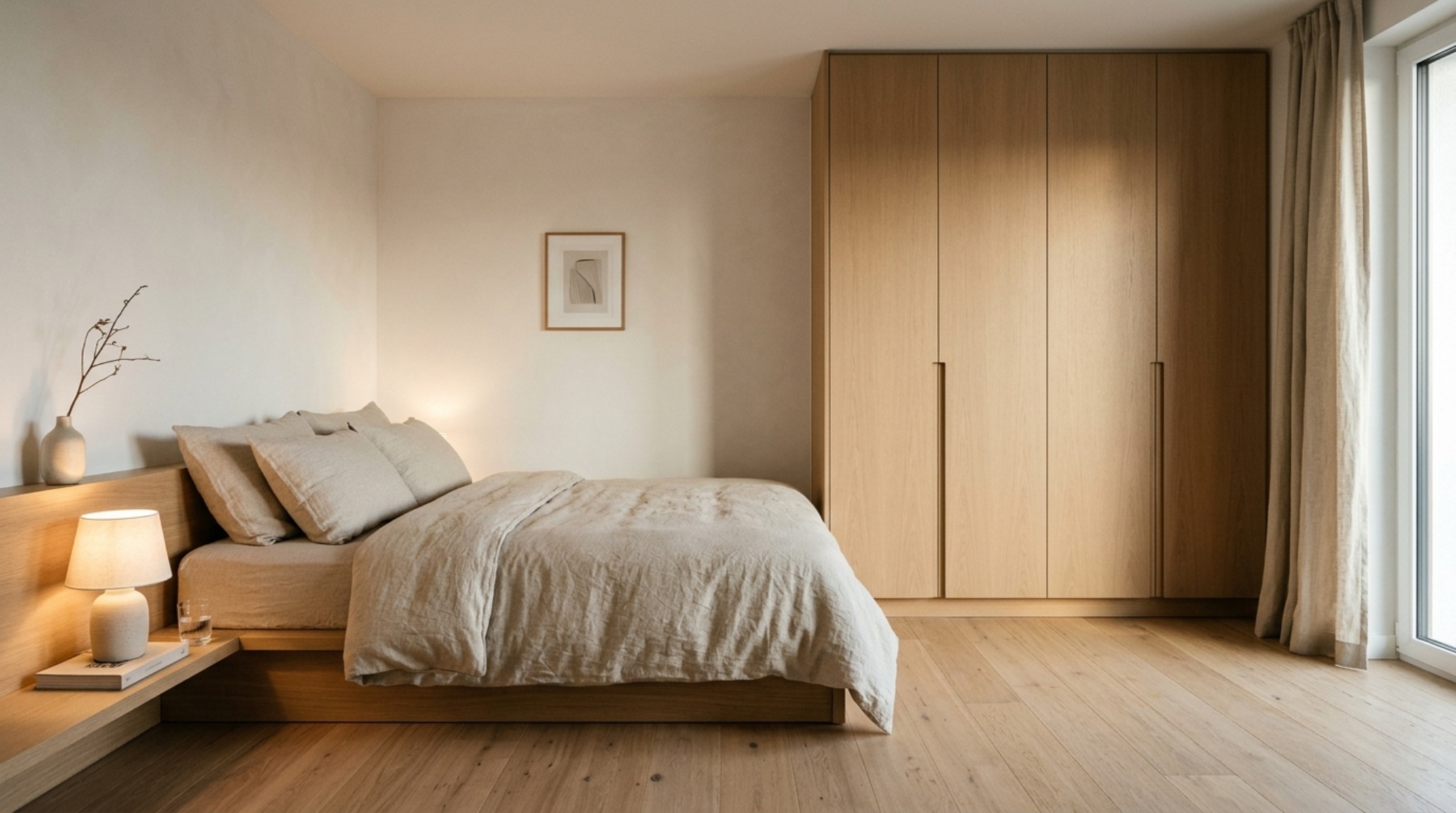 Interior design layout rules demonstrated in a primary bedroom with 30-inch clearances around the bed frame and soft 2700K ambient lighting.