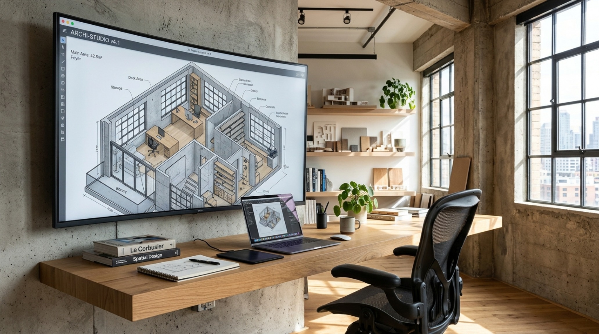 3D room layout software visualization of a minimalist home office featuring a floating desk and ergonomic task lighting at 3000K with high CRI.