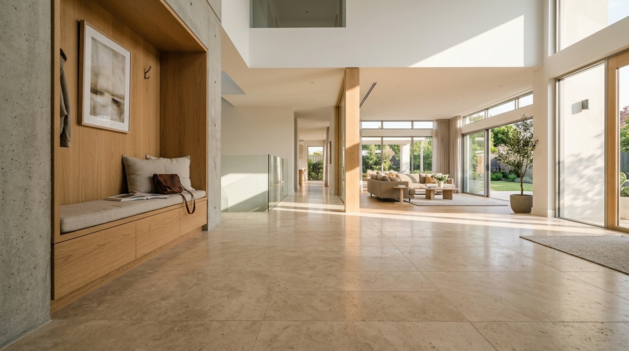 Architectural spatial flow in an entryway foyer where honed travertine floors and a recessed bench create a seamless transition into the main living space.