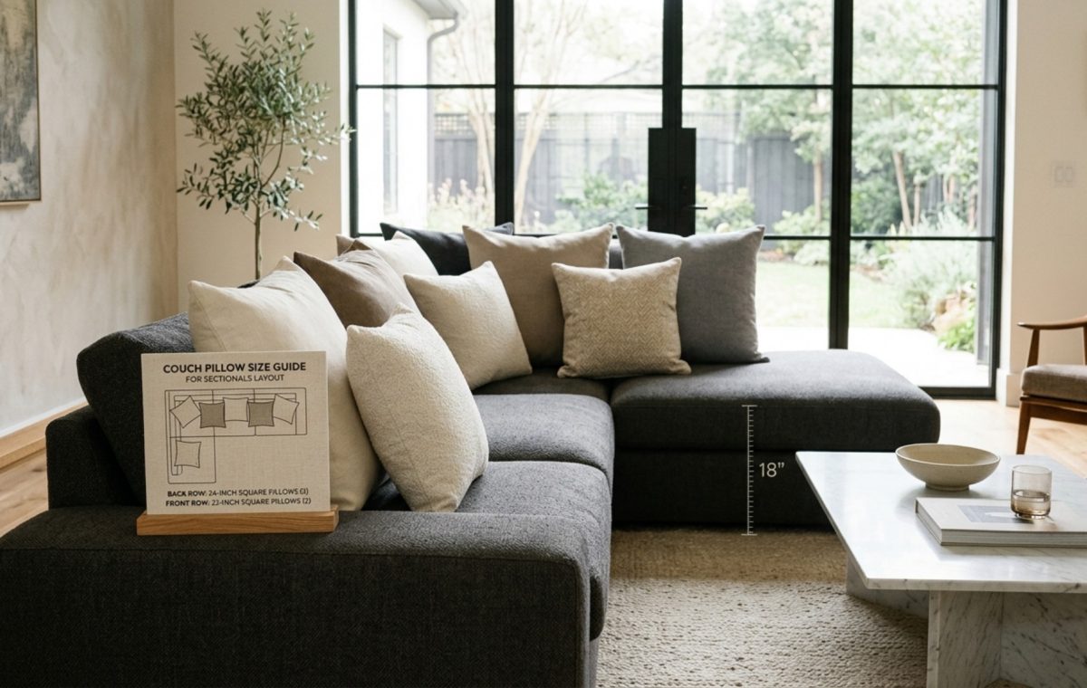 Couch pillow size guide for sectionals showing staggered 24-inch and 22-inch squares in a neutral Belgian linen upholstery with 18-inch coffee table clearance.