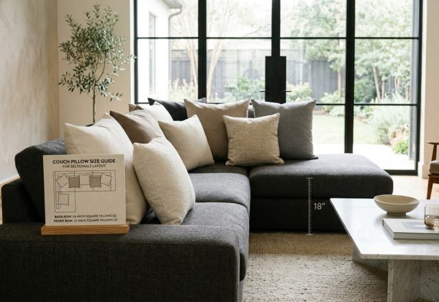 Couch pillow size guide for sectionals showing staggered 24-inch and 22-inch squares in a neutral Belgian linen upholstery with 18-inch coffee table clearance.