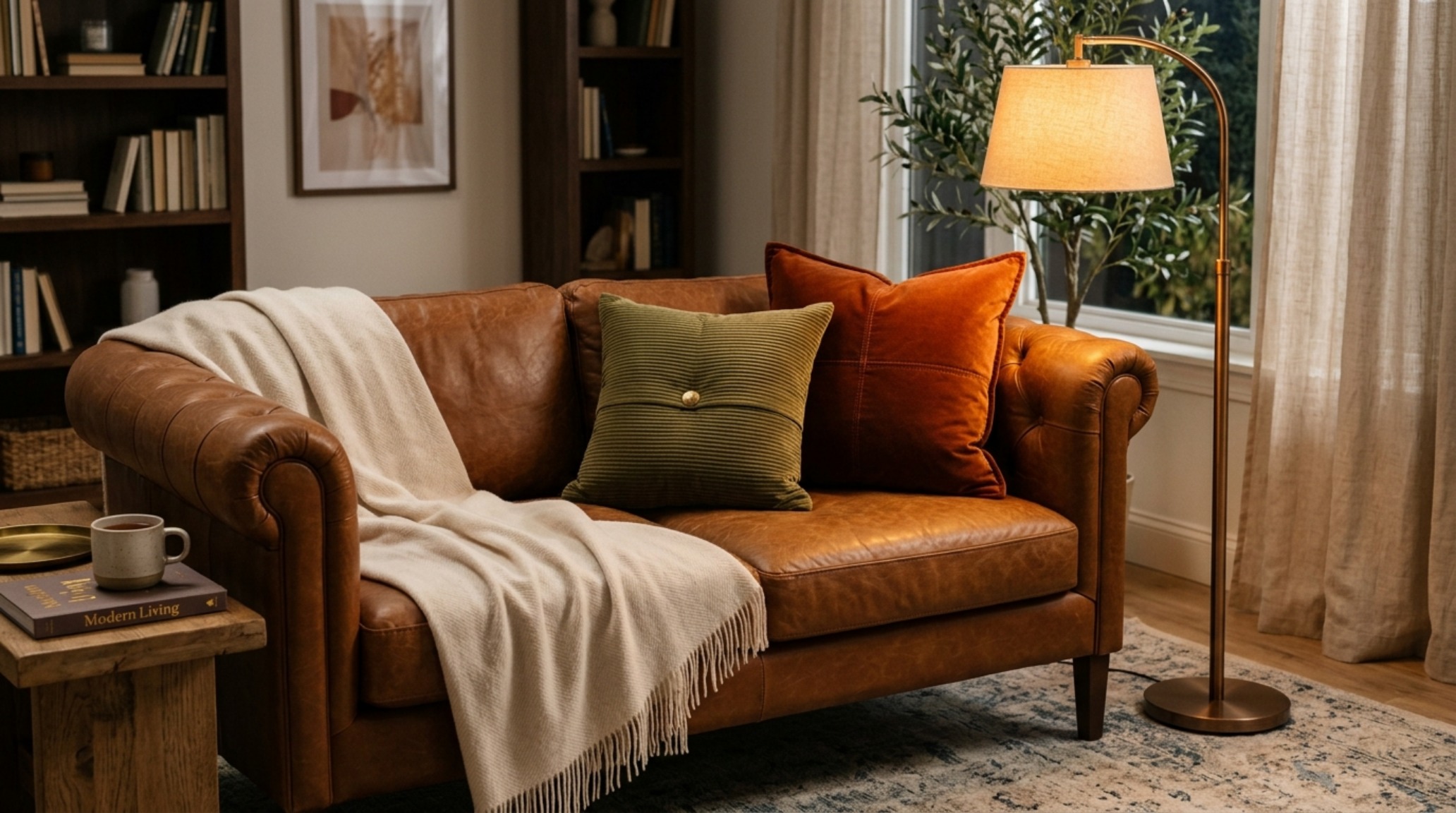 Modern velvet throw pillows for living rooms arranged on a vintage leather sofa to provide tactile contrast and a sophisticated light-reflective sheen.