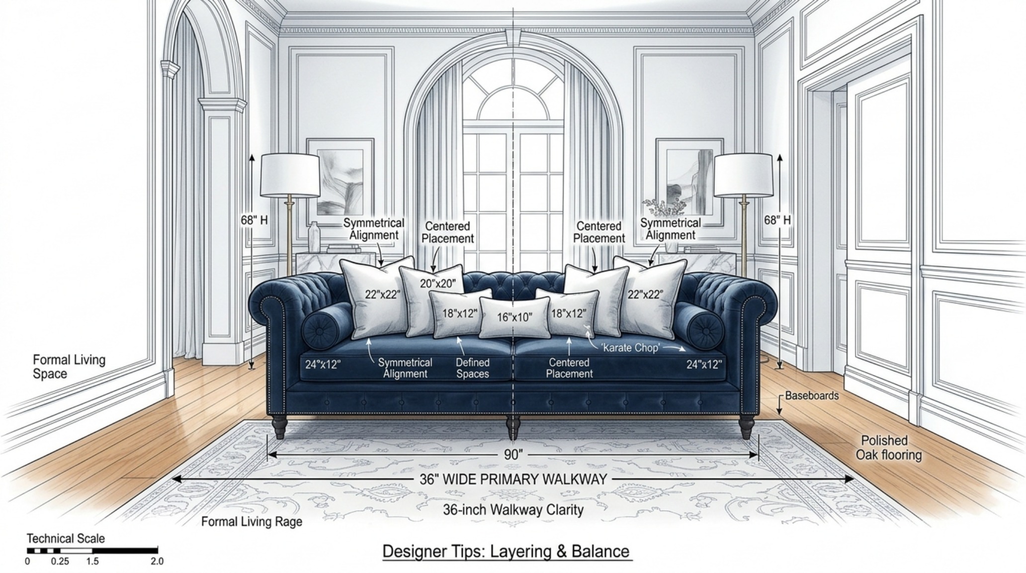 Designer tips for arranging sofa cushions using the 2-1-1-2 symmetrical method for a formal architectural living room with 36-inch walkway clearances.