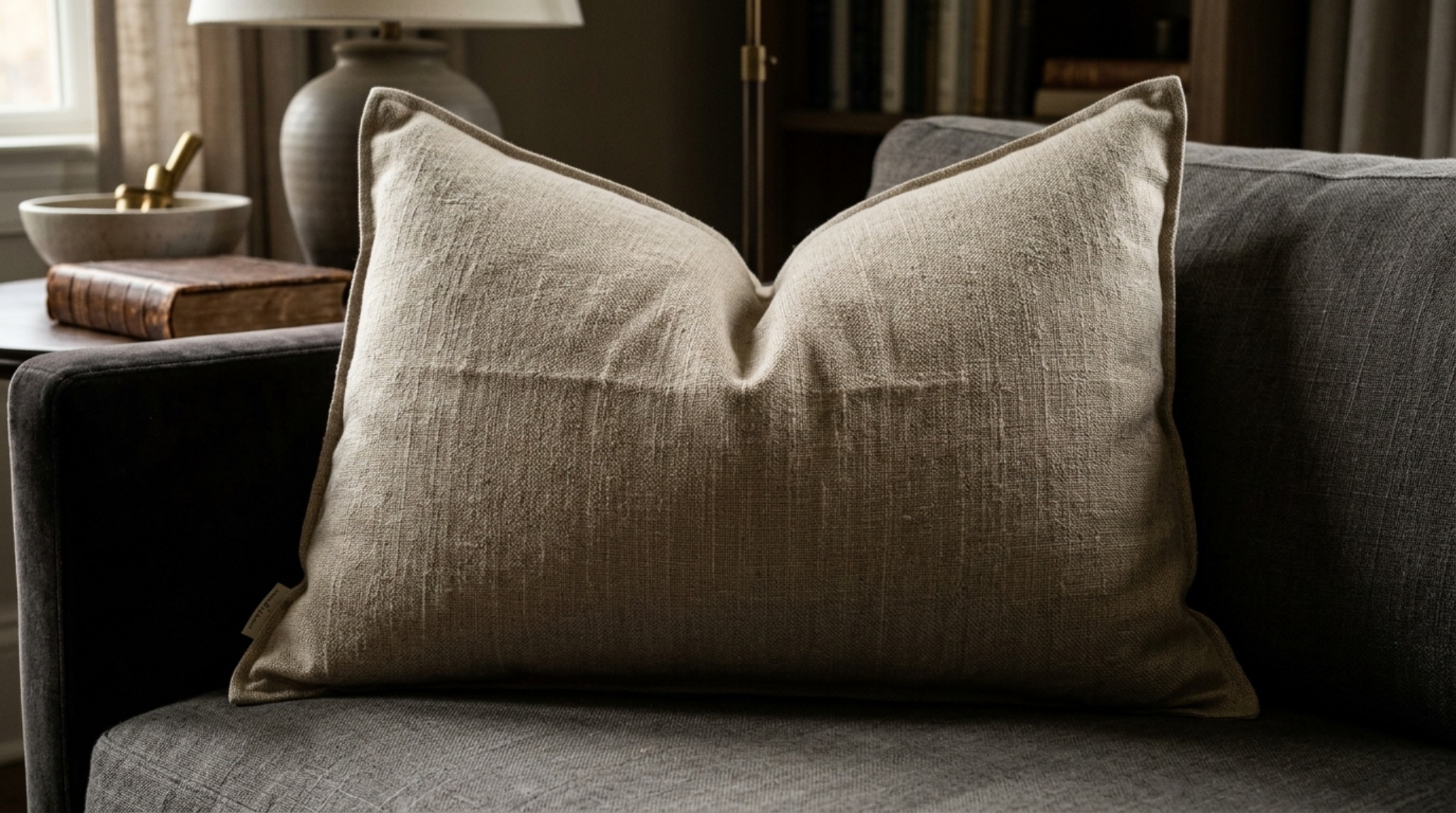 Best pillow inserts for high-end couches featuring a 90/10 down-feather blend with a visible 'karate chop' crease on a deep charcoal sofa.