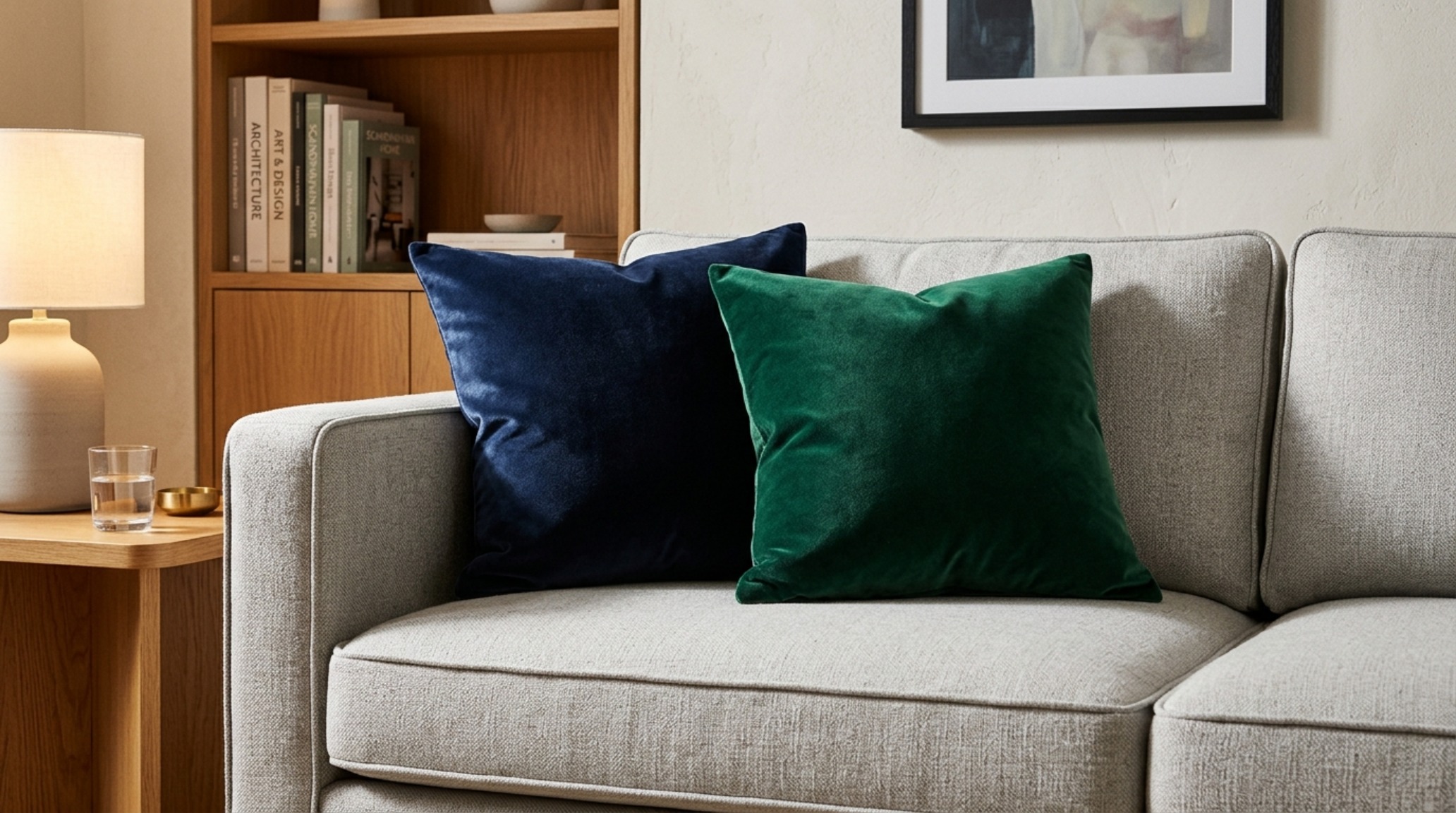Modern velvet throw pillows for living rooms in a rich moss green cotton velvet, styled alongside a fluted white oak side table and 2700K ambient lighting.