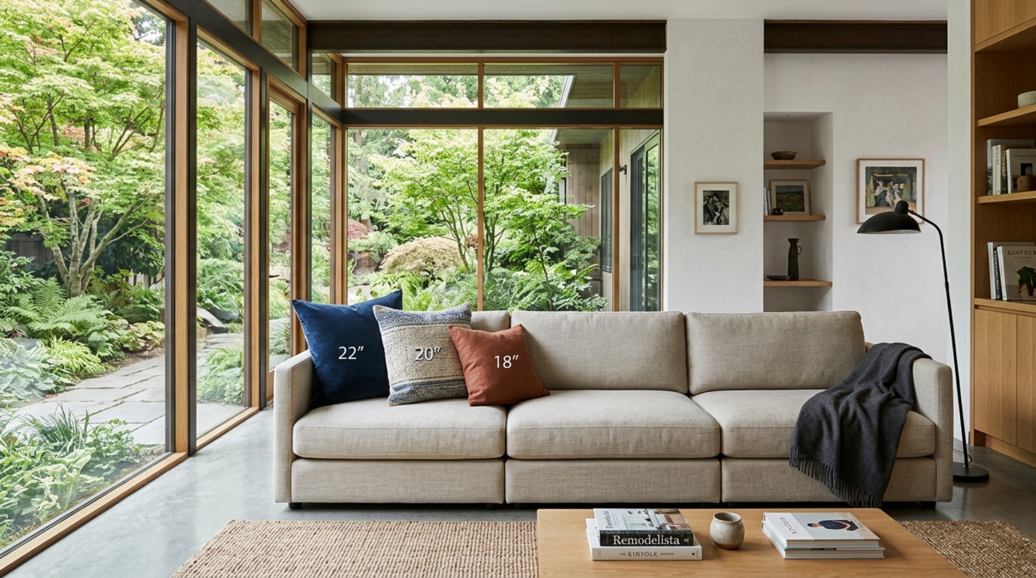 Designer tips for arranging sofa cushions demonstrating an asymmetrical grouping of three pillows to maintain open sightlines and seating depth.