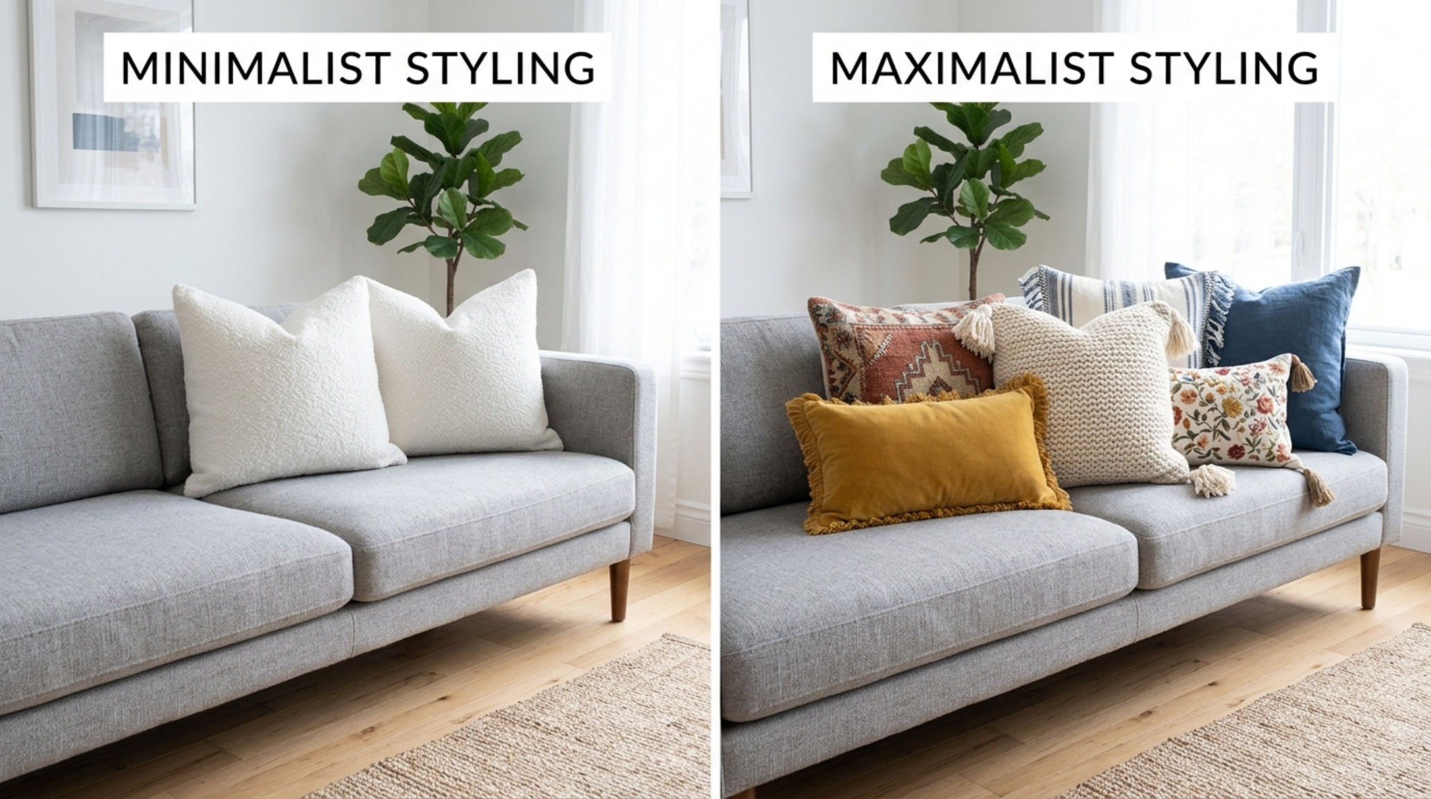 Maximalist vs minimalist pillow styling comparison showing a curated minimal arrangement of two oversized bouclé pillows on a low-profile modern sectional.