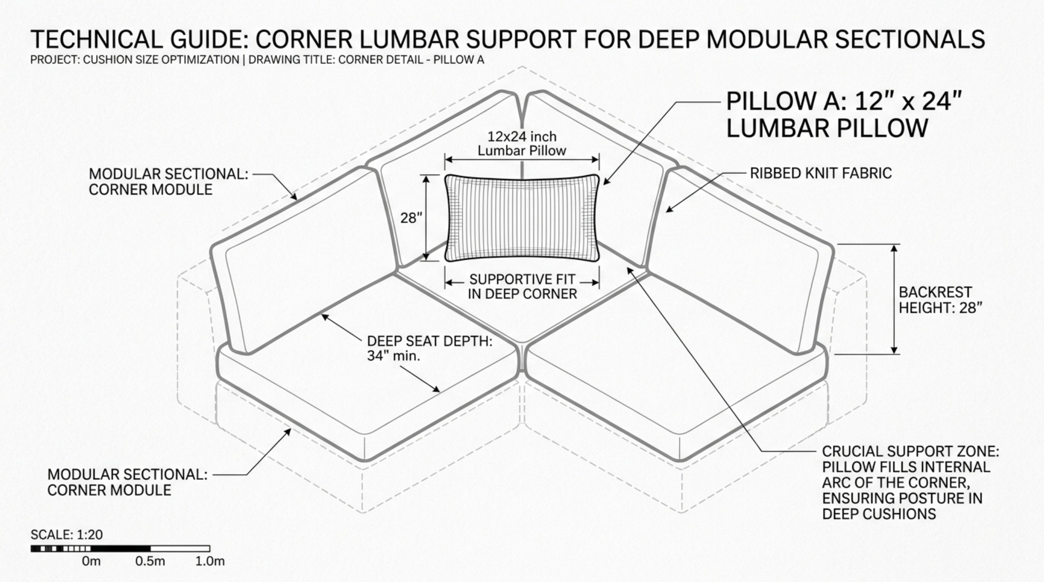 Couch pillow size guide for sectionals illustrating the use of 12x24 inch lumbar pillows for ergonomic lower back support on deep-seated furniture.