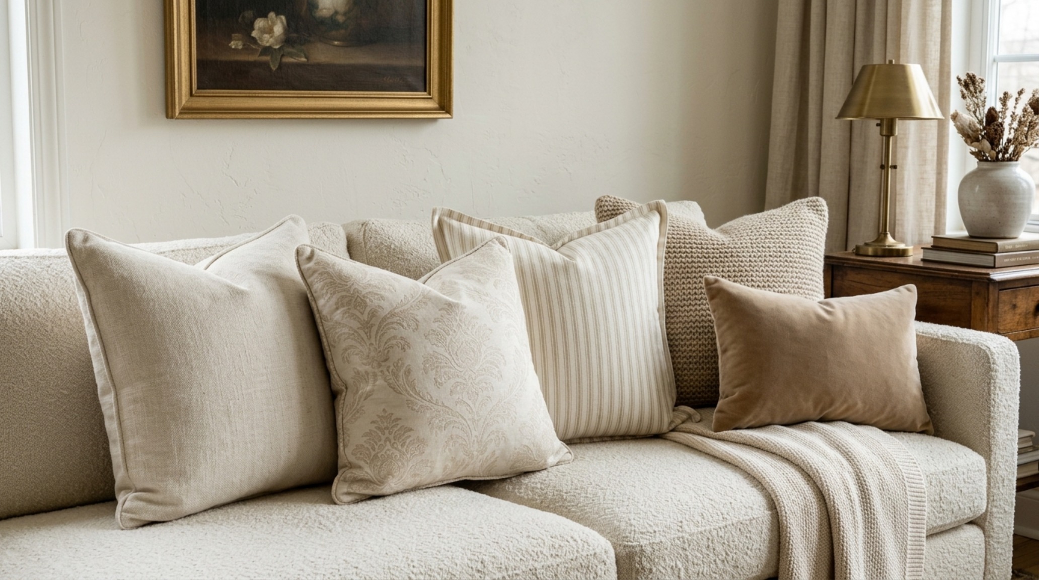 How to mix pillow patterns on a sofa featuring a tonal palette of Benjamin Moore Swiss Coffee with varied textures like chunky wool and smooth silk.