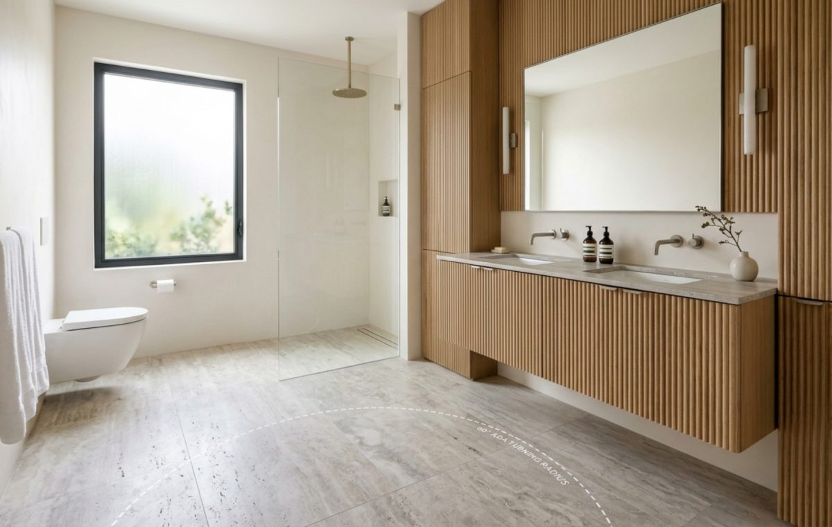 ADA turning radius requirements visualized in a high-end minimalist bathroom with fluted white oak vanities and a 60-inch clear floor space for universal accessibility.