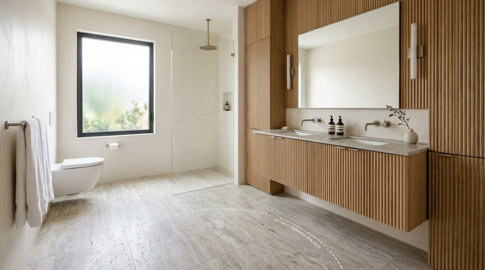 ADA turning radius requirements visualized in a high-end minimalist bathroom with fluted white oak vanities and a 60-inch clear floor space for universal accessibility. ADA turning radius requirements visualized in a high-end minimalist bathroom with fluted white oak vanities and a 60-inch clear floor space for universal accessibility.