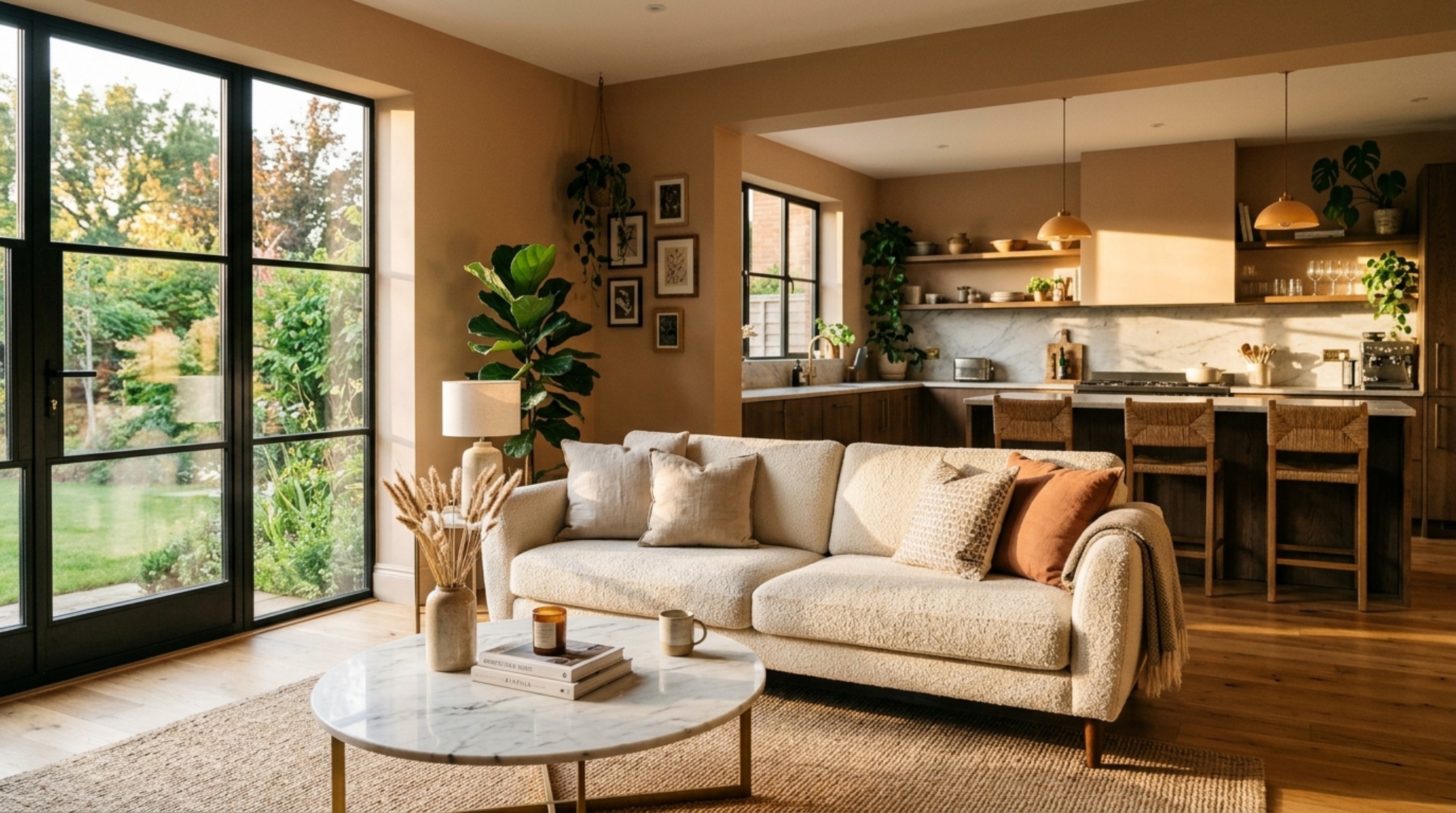 Open-plan spatial flow between a contemporary living area and kitchen, featuring a low-slung bouclé sofa, 18-inch coffee table reach, and neutral Benjamin Moore Swiss Coffee walls. Open-plan spatial flow between a contemporary living area and kitchen, featuring a low-slung bouclé sofa, 18-inch coffee table reach, and neutral Benjamin Moore Swiss Coffee walls.