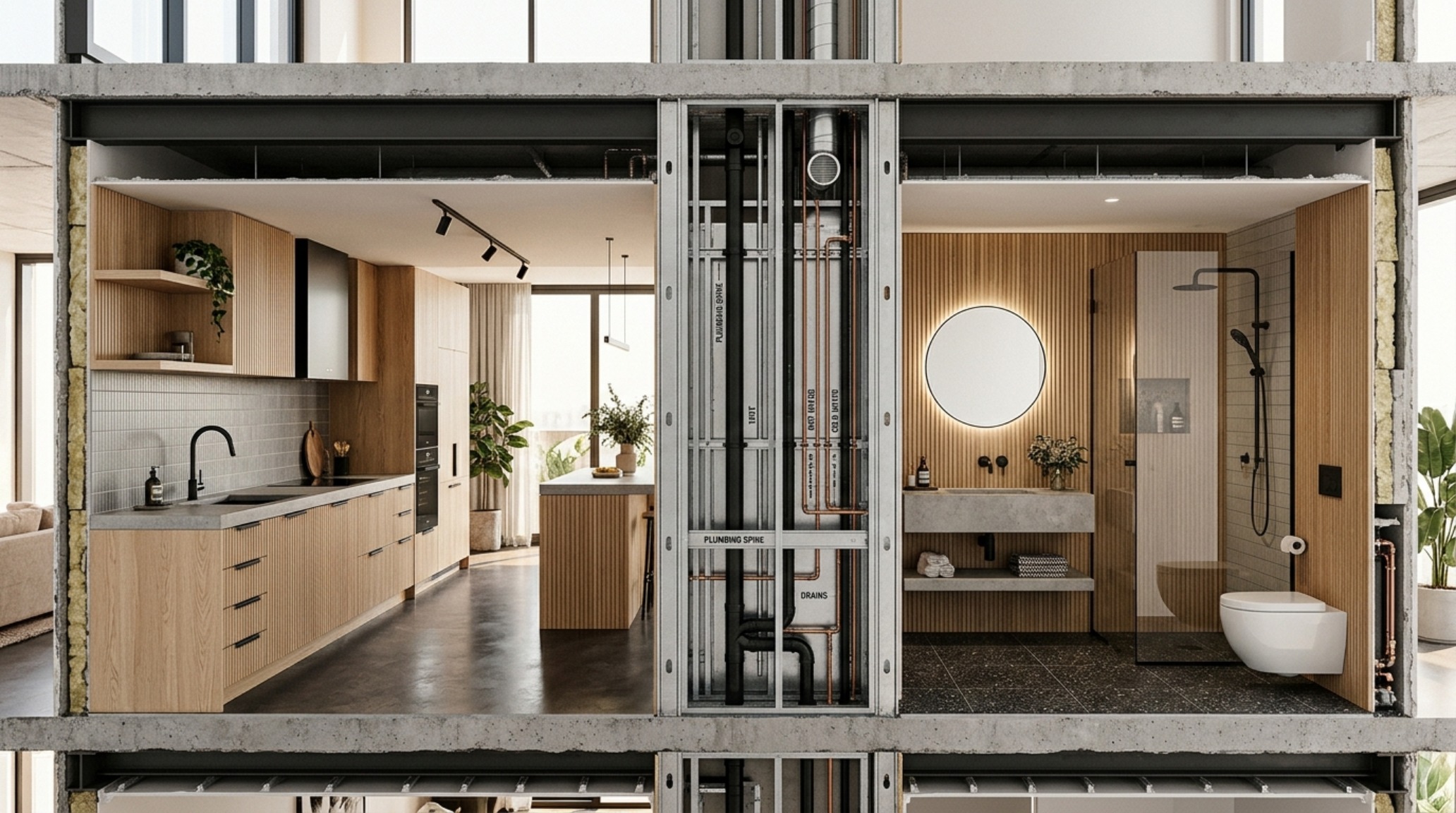 Residential wet wall design for a compact urban apartment, showcasing integrated plumbing for a kitchen and laundry stack with matte black fixtures and honed travertine backsplashes. Residential wet wall design for a compact urban apartment, showcasing integrated plumbing for a kitchen and laundry stack with matte black fixtures and honed travertine backsplashes.