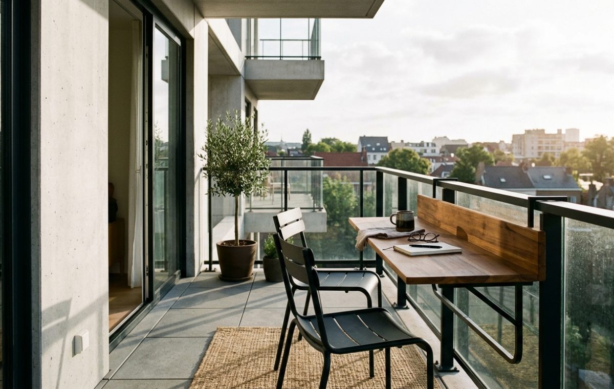 High-end editorial shot of a small apartment balcony with minimalist Amazon patio furniture, highlighting 36-inch walkway clearances and a zero-footprint layout.