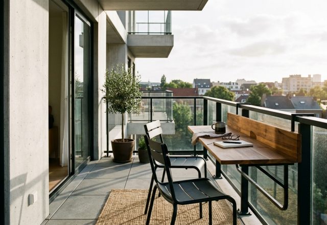 High-end editorial shot of a small apartment balcony with minimalist Amazon patio furniture, highlighting 36-inch walkway clearances and a zero-footprint layout.